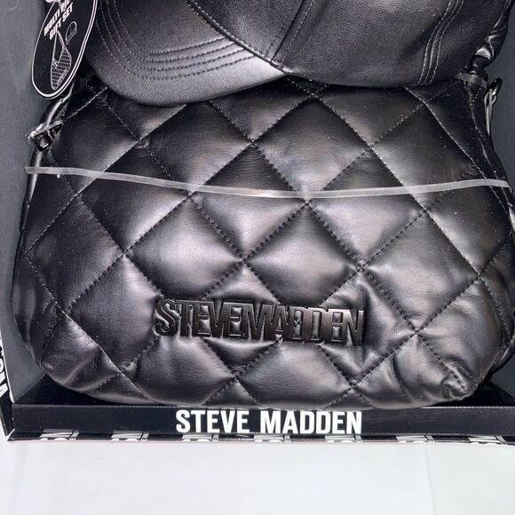 Steve Madden Black Gift Set Quilted Nylon Hobo & Baseball Cap Leather Look HTF - Picture 3 of 7
